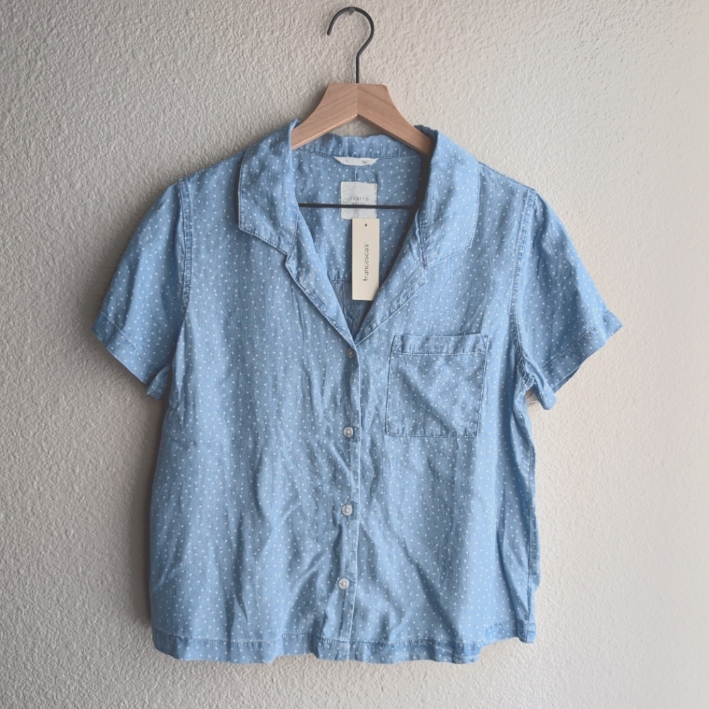 Francesca's Harper Heritage Chambray Micro Heart Print Button Down Top Size S